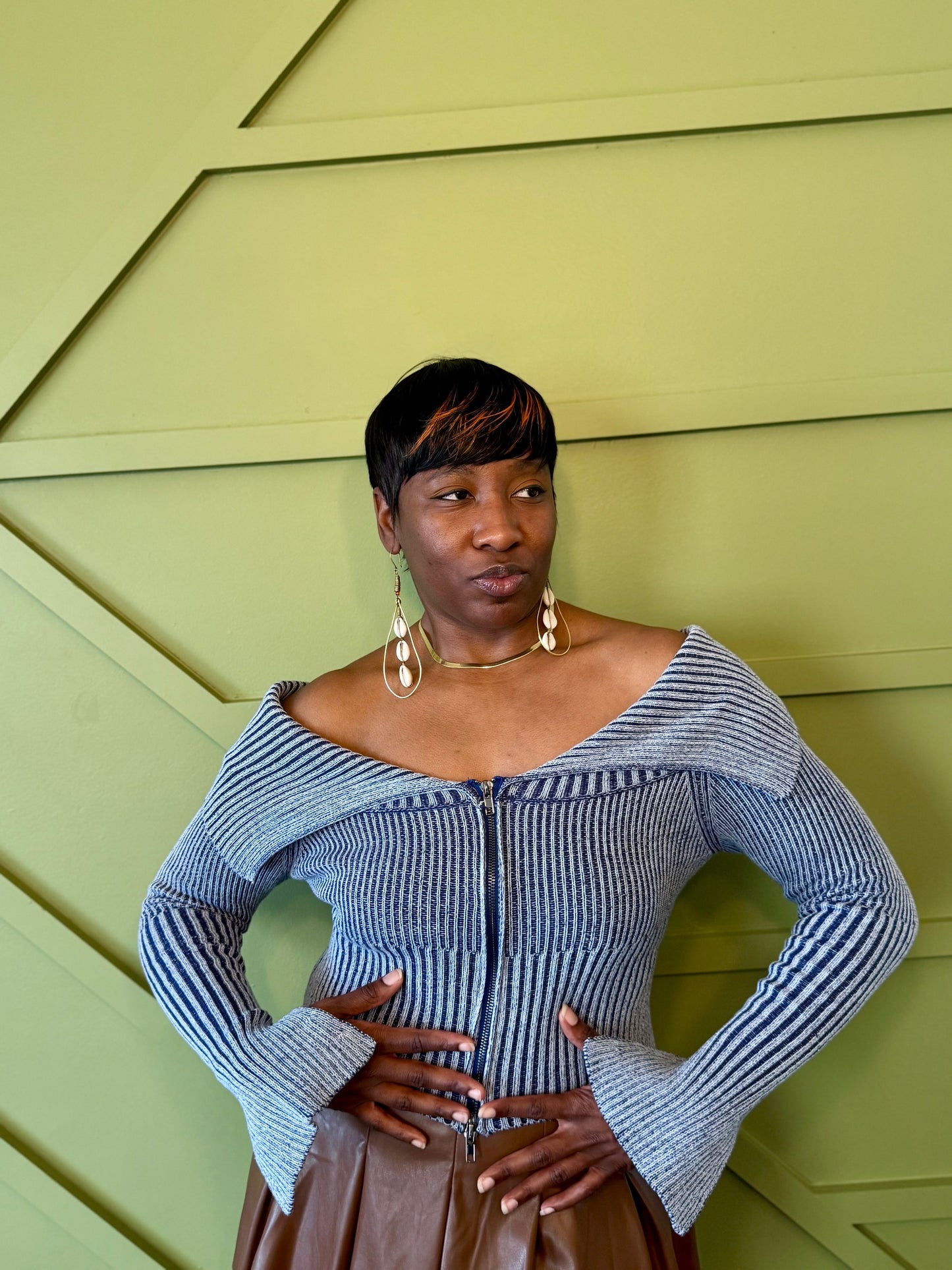 Off Shoulder Zip Top-Blue