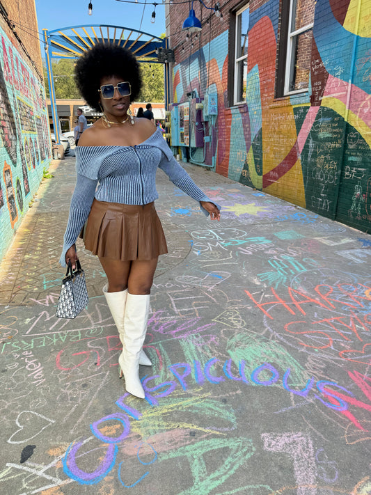 Off Shoulder Zip Top-Blue